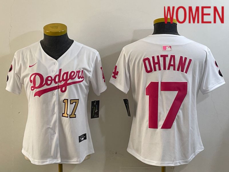 Women Los Angeles Dodgers #17 Ohtani White pink Game 2024 Nike MLB Jersey style 2->women mlb jersey->Women Jersey